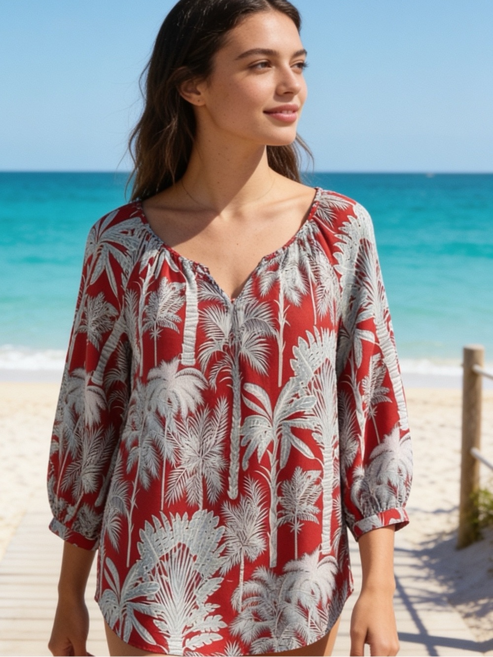 New Bohemian Talbots Red Palm Print Peasant Blouse Size X/16-18